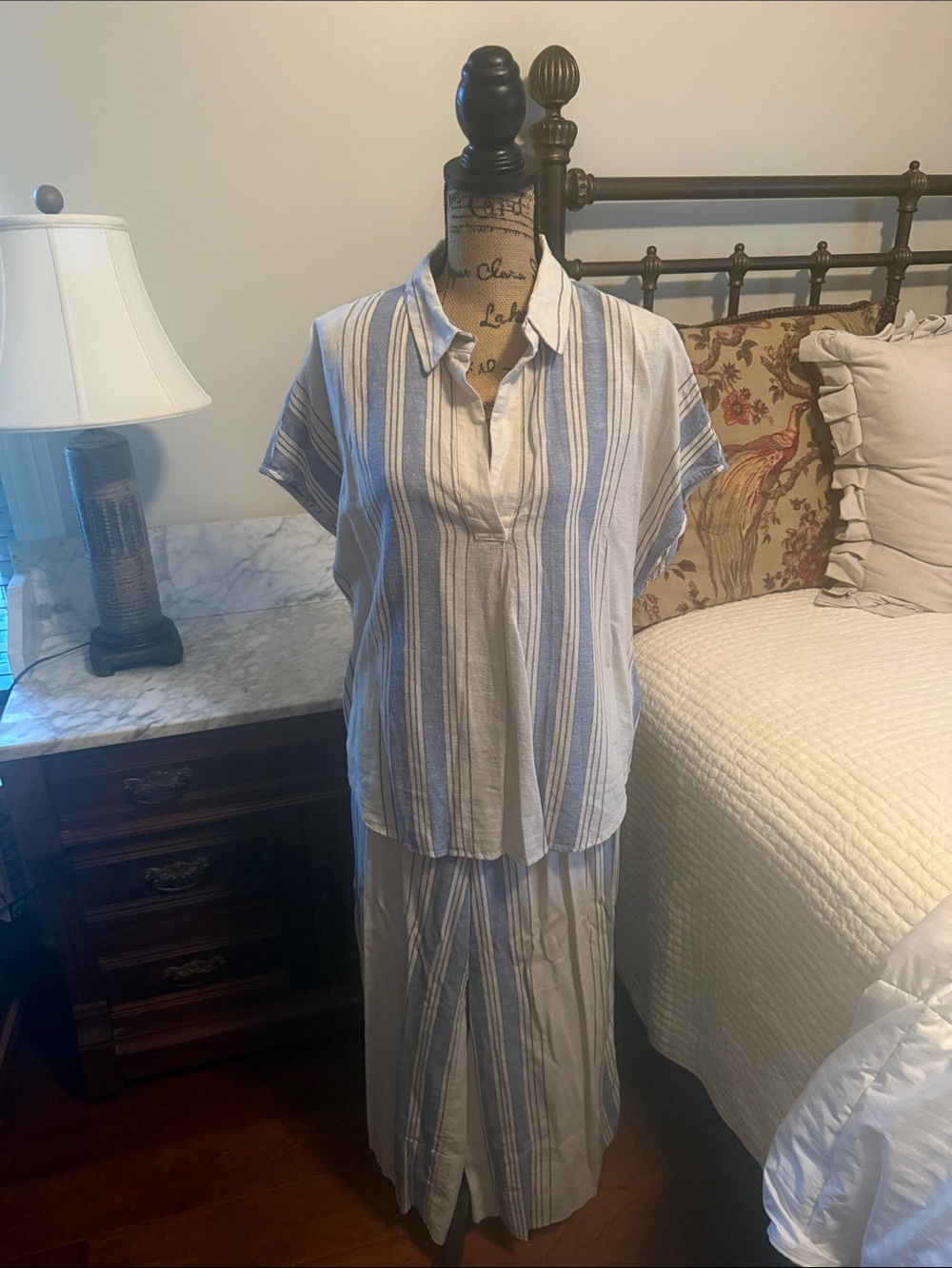 Women's Blue and White Striped Sleep Set